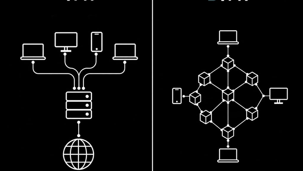 Illustration contrasting how a traditional VPN and a decentralized VPN route traffic